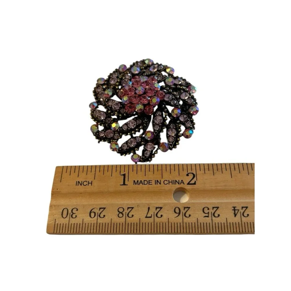 VTG Layered Flower Brooch Pin Pendant‎ Cluster Pink AB Rhinestones Spiral Domed